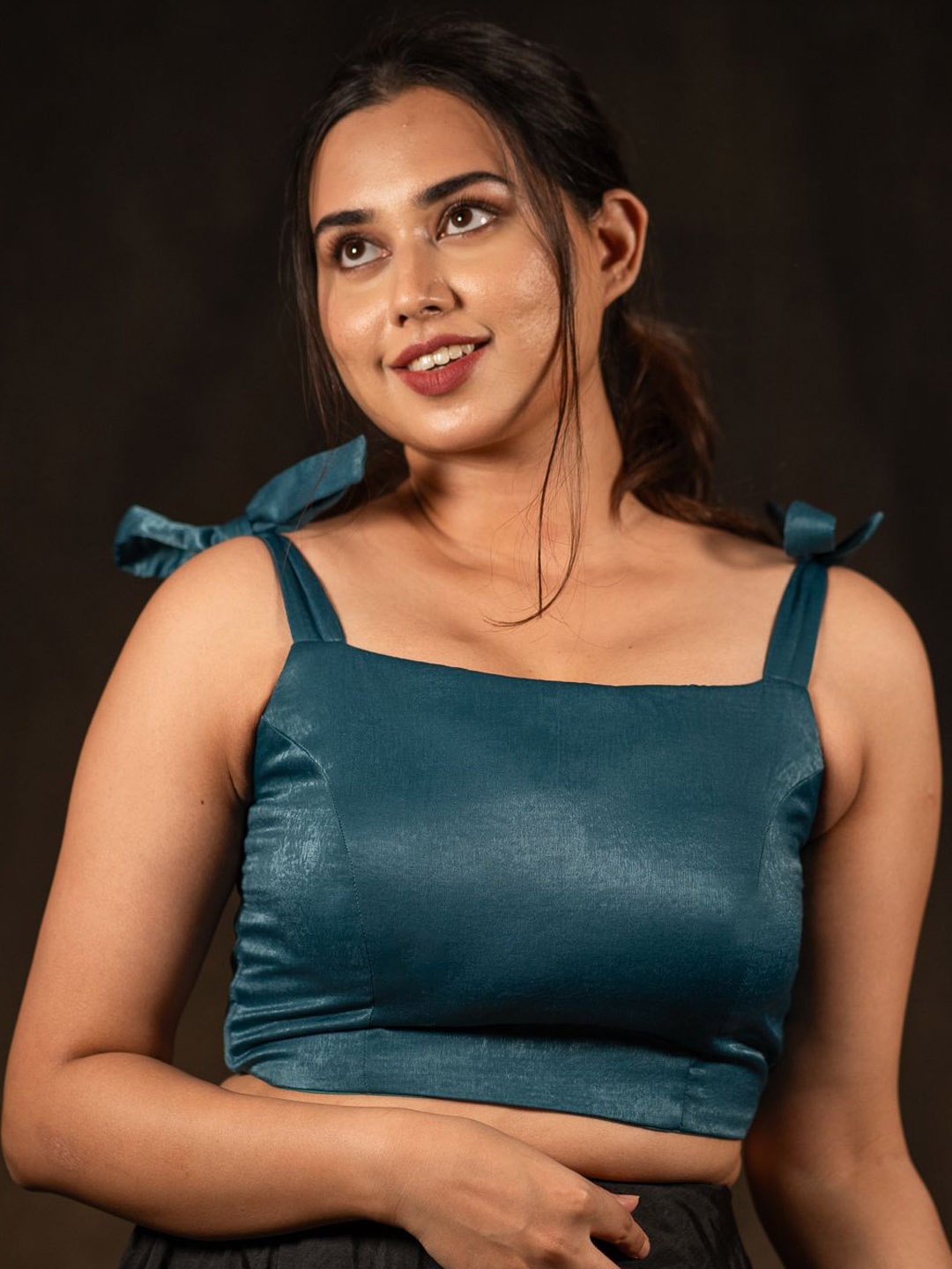 

I LOVE SAREES Padded Square Neck Tie Ups Detail Velvet Crop Saree Blouse, Blue