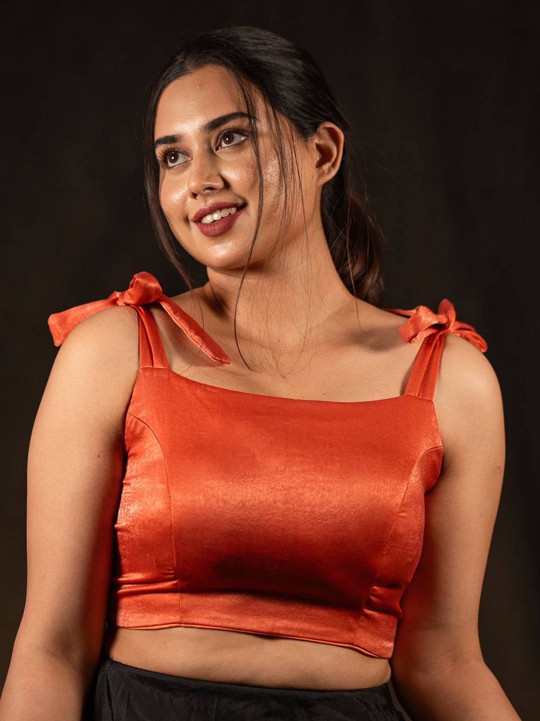 

I LOVE SAREES Padded Square Neck Tie Ups Detail Velvet Crop Saree Blouse, Peach