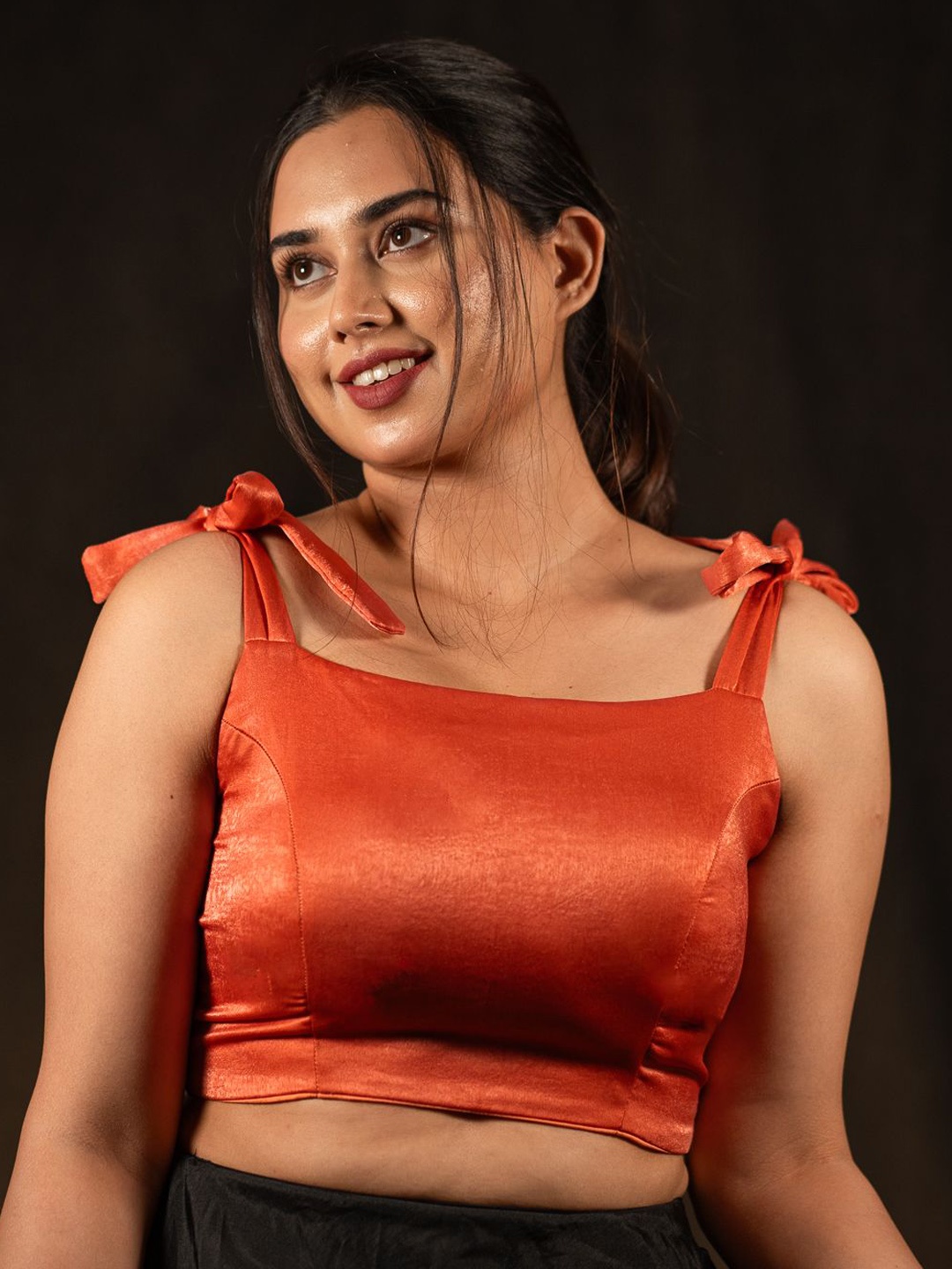 

I LOVE SAREES Padded Square Neck Tie Ups Detail Velvet Crop Saree Blouse, Peach