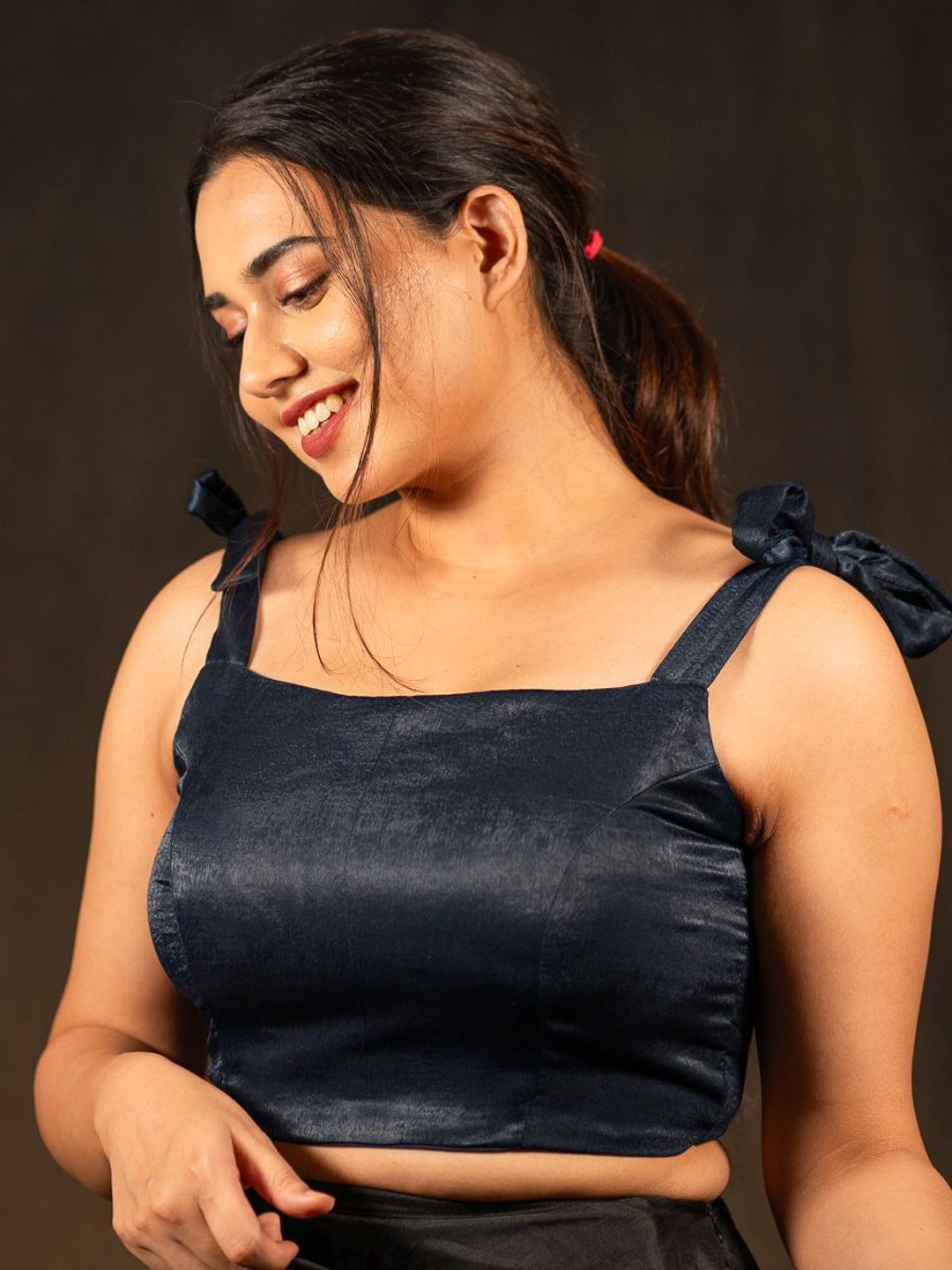 

I LOVE SAREES Padded Square Neck Tie Ups Detail Velvet Crop Saree Blouse, Navy blue