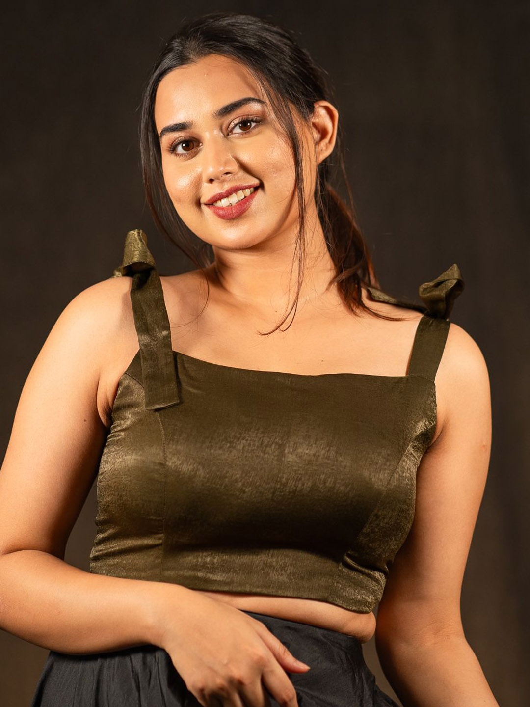 

I LOVE SAREES Padded Square Neck Tie Ups Detail Velvet Crop Saree Blouse, Green