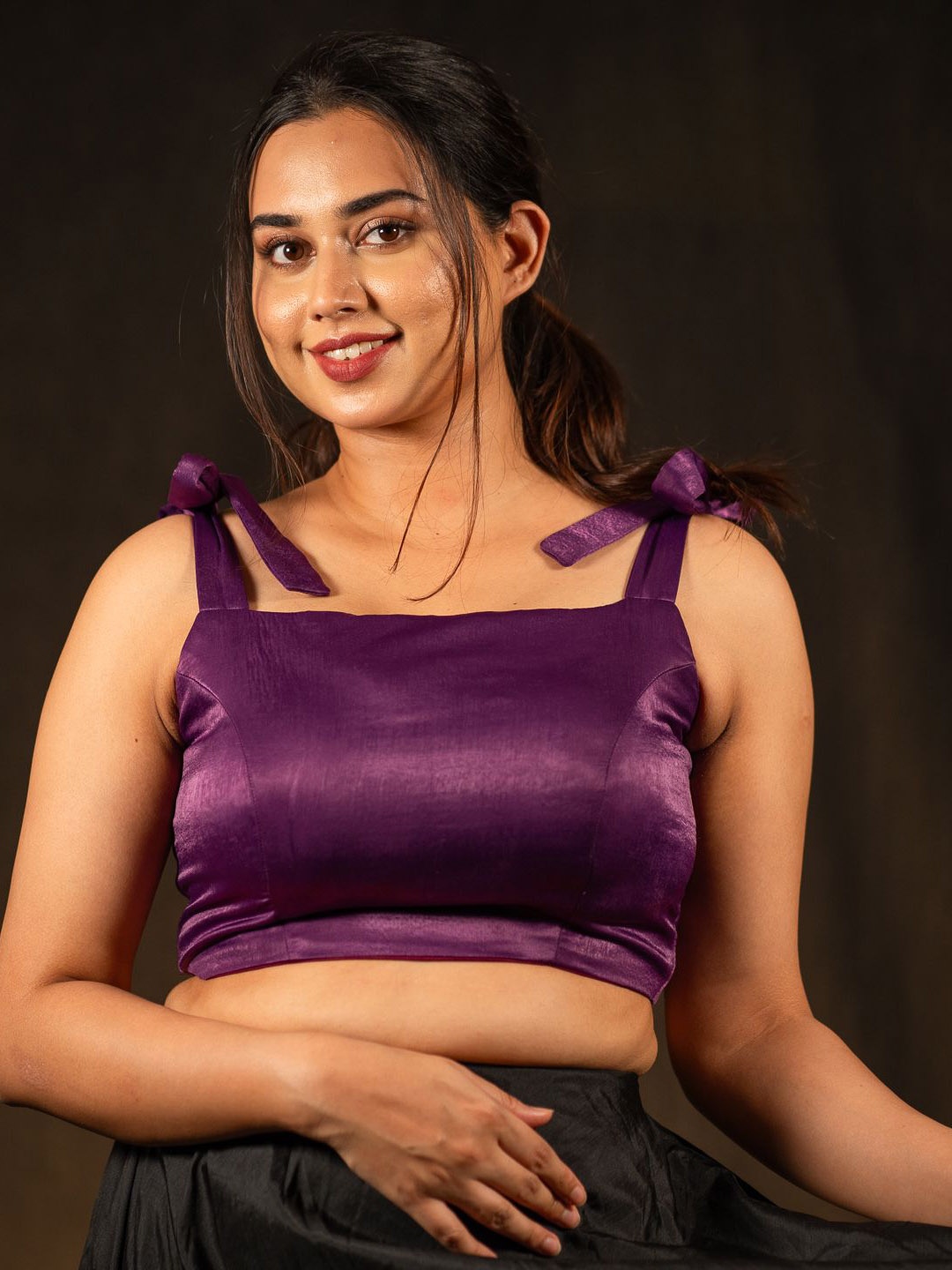 

I LOVE SAREES Padded Square Neck Tie Ups Detail Velvet Crop Saree Blouse, Purple