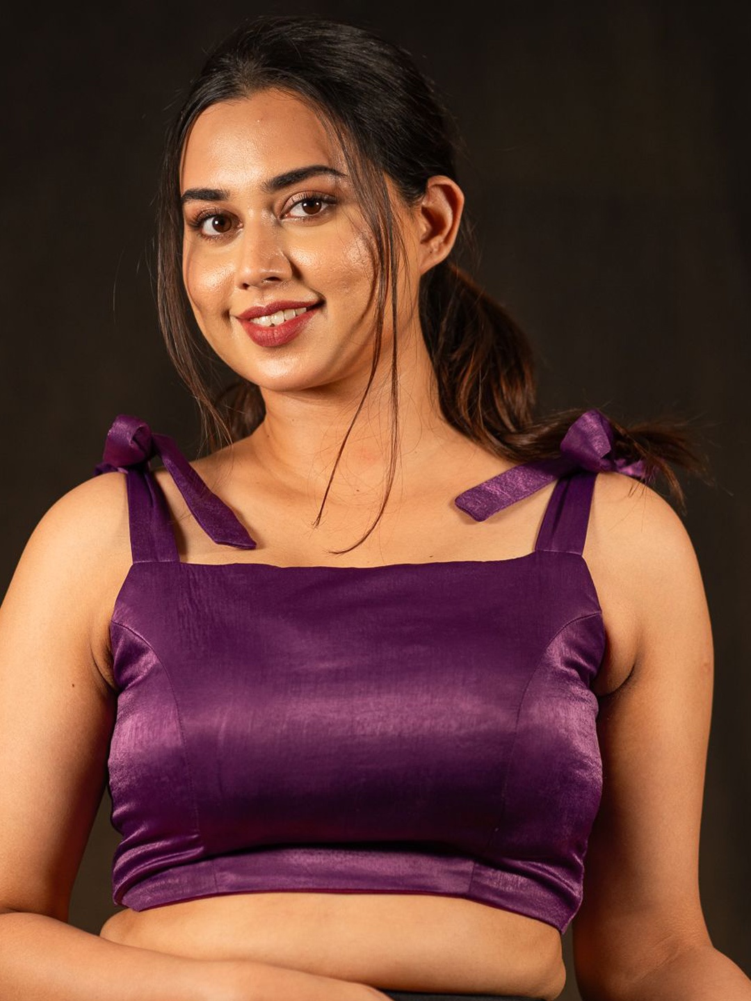 

I LOVE SAREES Padded Square Neck Tie Ups Detail Velvet Crop Saree Blouse, Purple