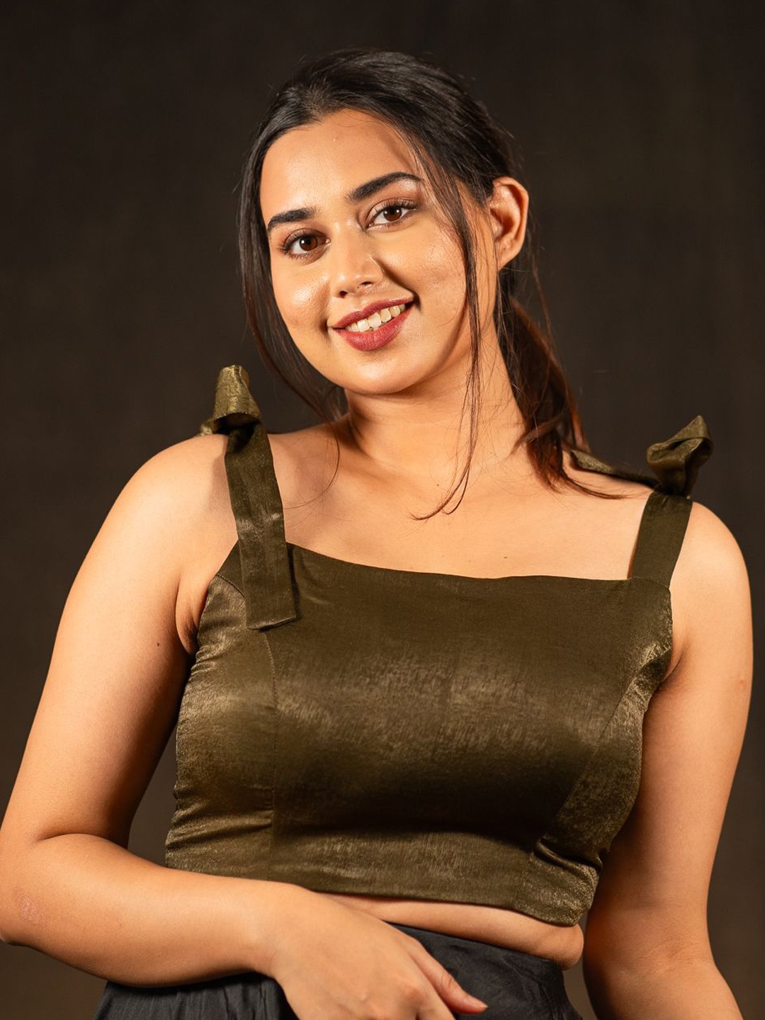 

I LOVE SAREES Padded Square Neck Tie Ups Detail Velvet Crop Saree Blouse, Olive