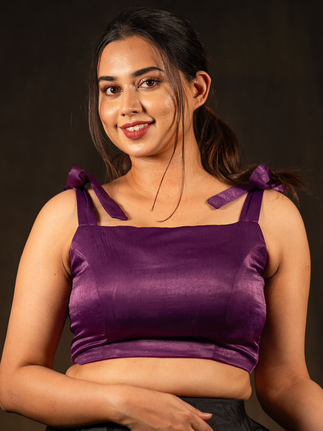 

I LOVE SAREES Padded Square Neck Tie Ups Detail Velvet Crop Saree Blouse, Purple