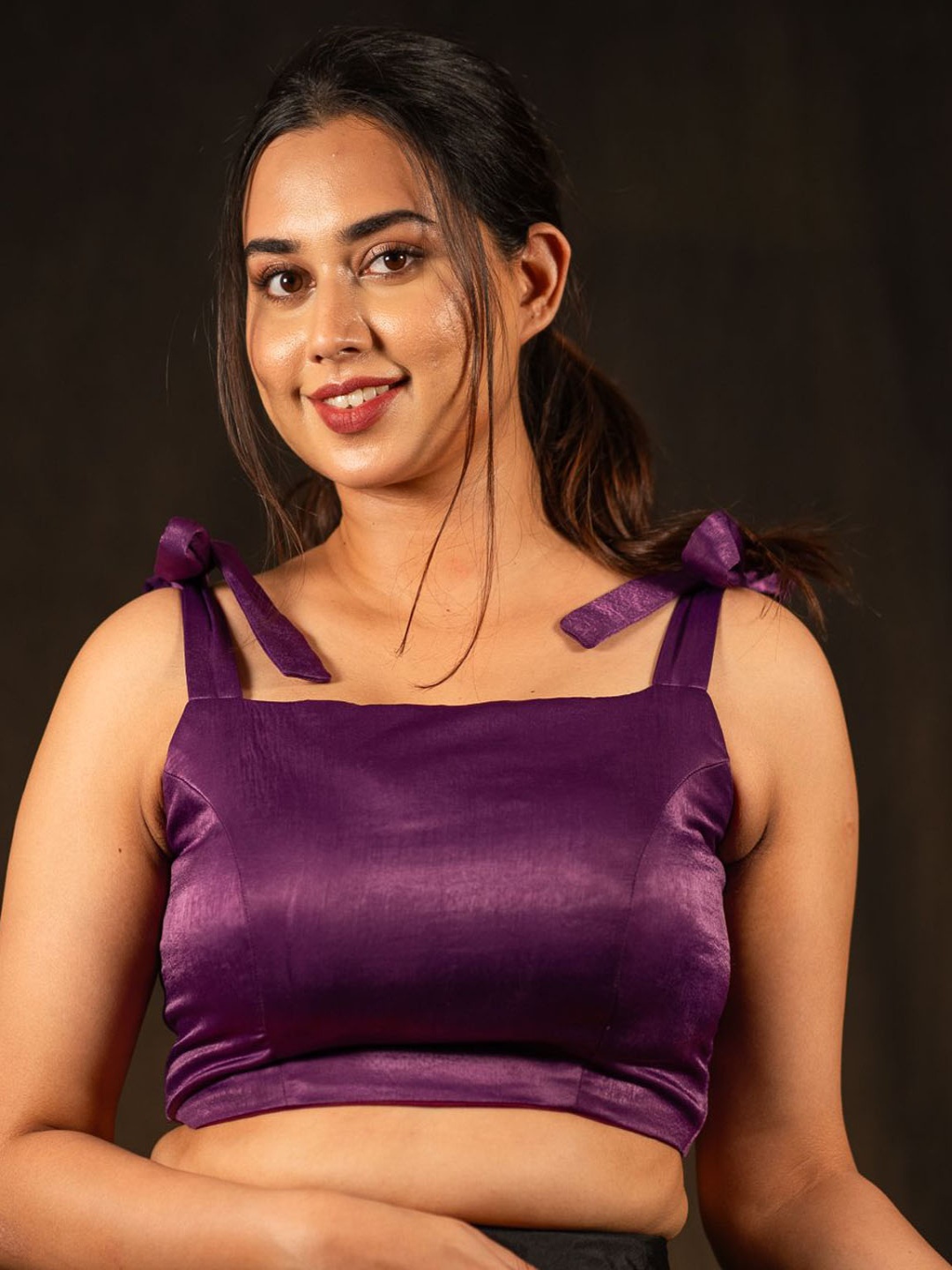 

I LOVE SAREES Padded Square Neck Tie Ups Detail Velvet Crop Saree Blouse, Purple