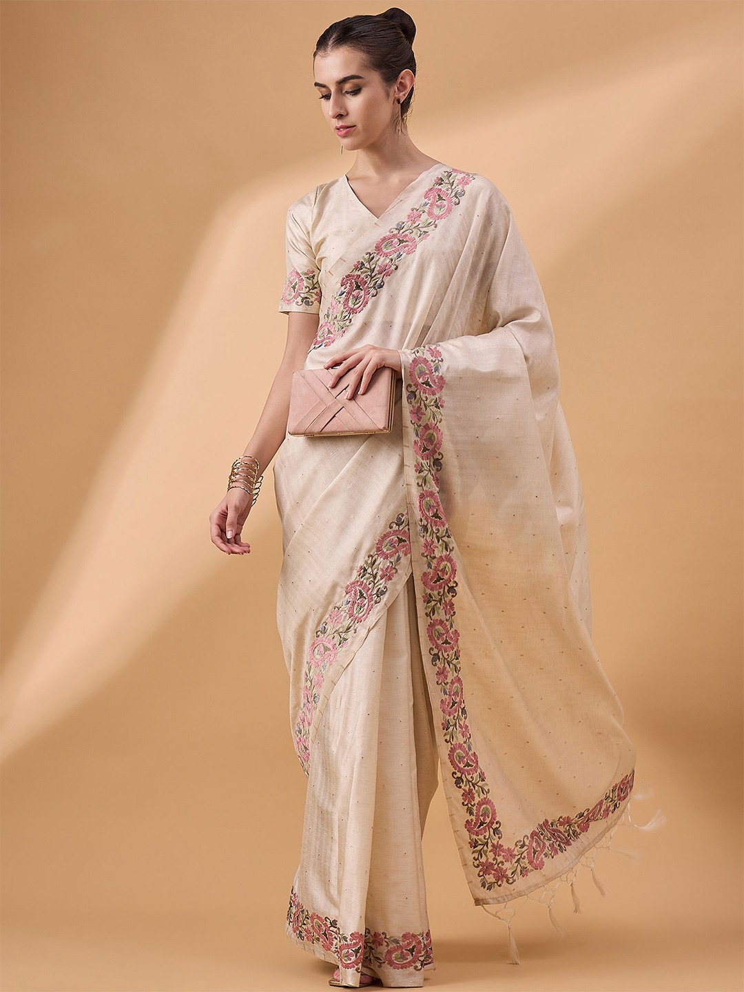 

all about you Floral Embroidered Saree, Beige