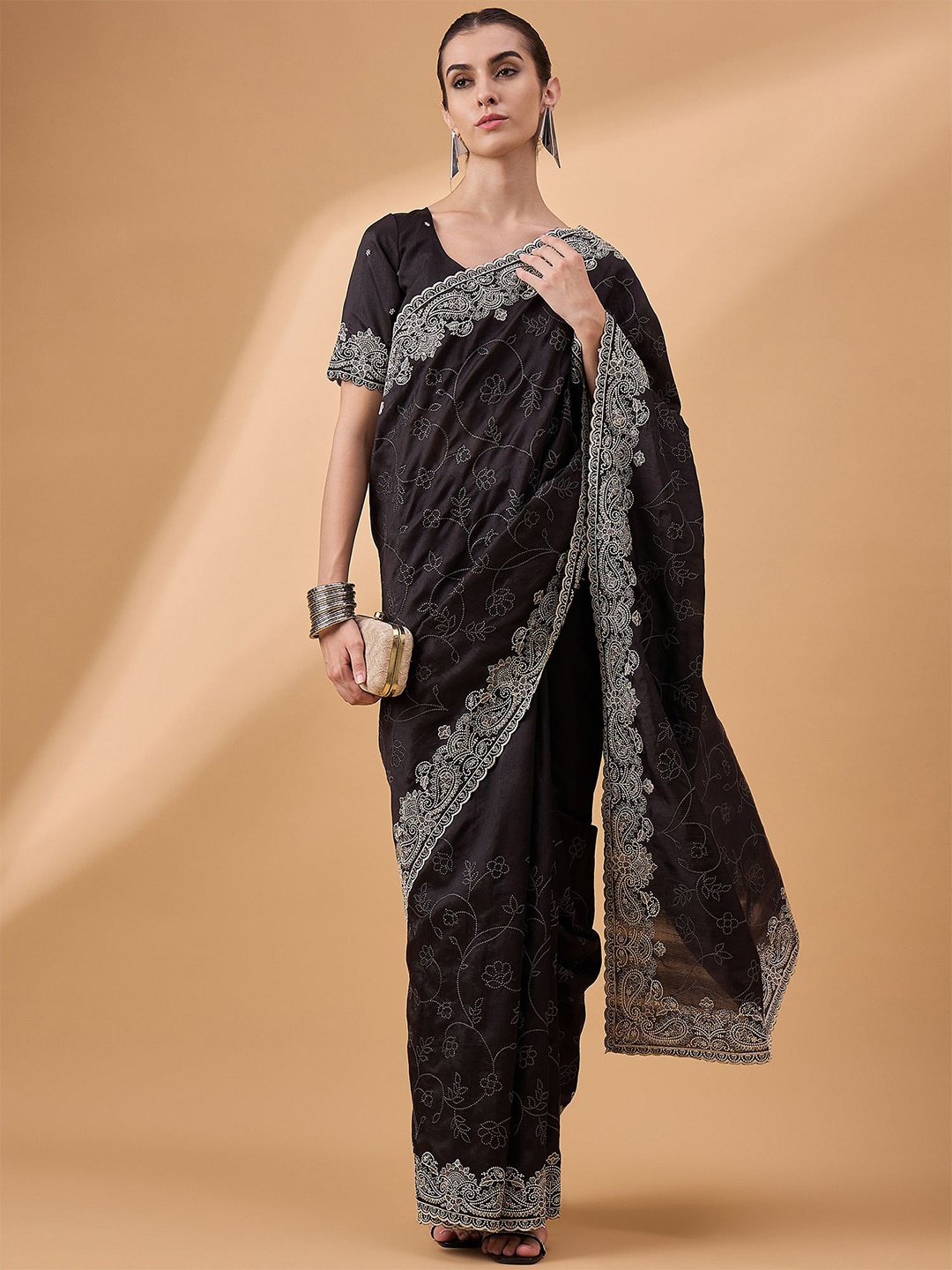 

all about you Paisley Embroidered Saree, Black