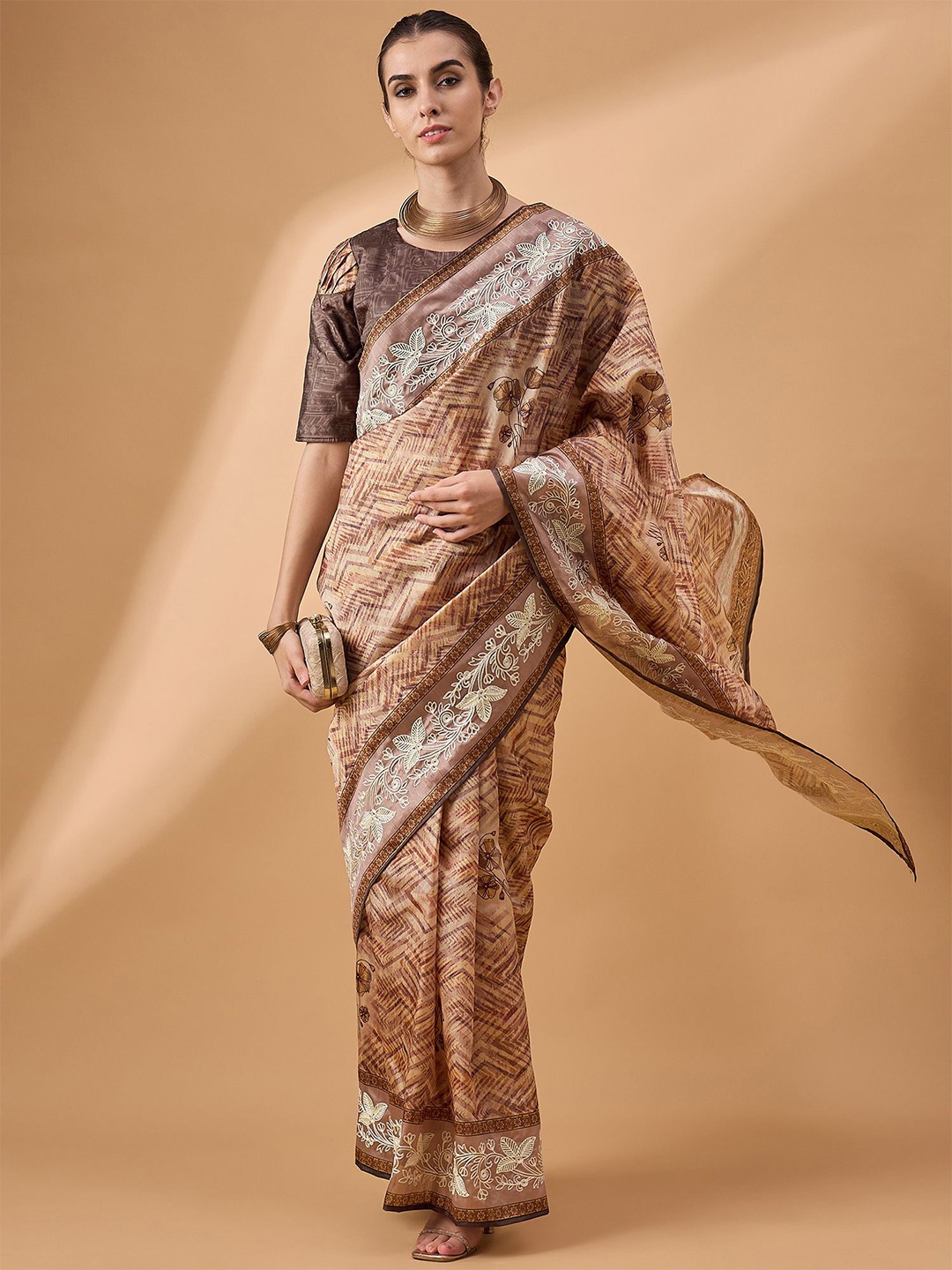 

all about you Floral Printed Embroidered Ready to wear Saree, Beige