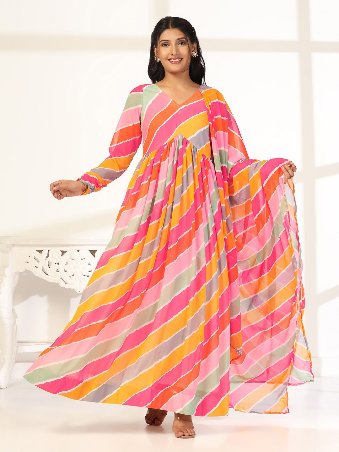 

FASHION DREAM Women Striped Georgette Maxi Dress, Multi