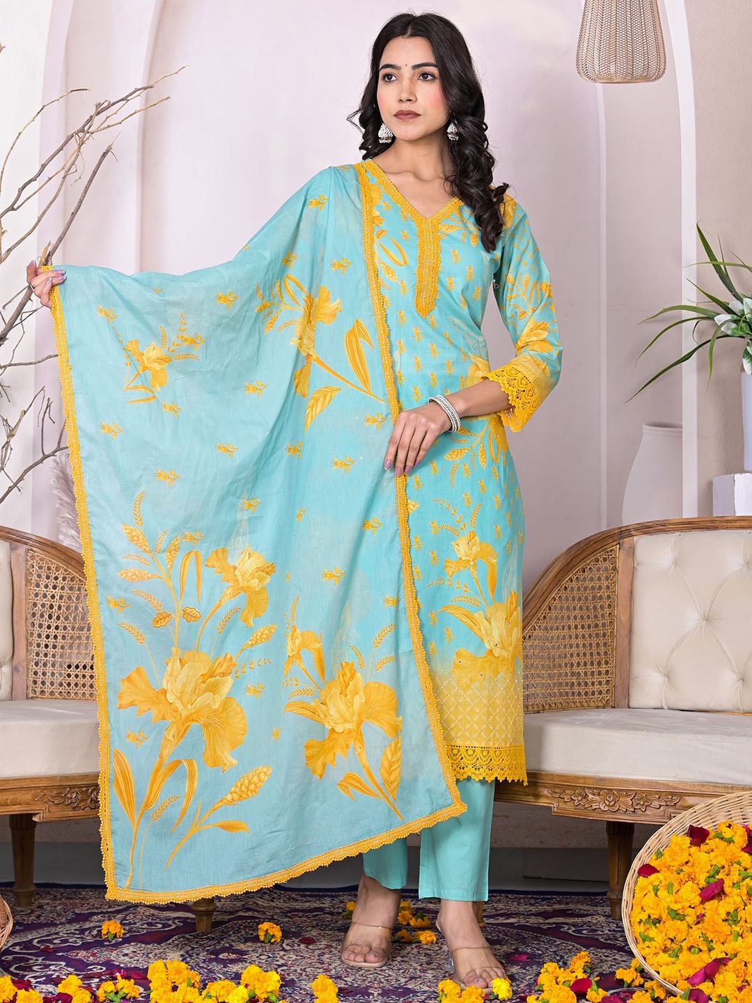

Ishin Blue Floral Printed V-Neck Pure Cotton Kurta with Trousers & Dupatta