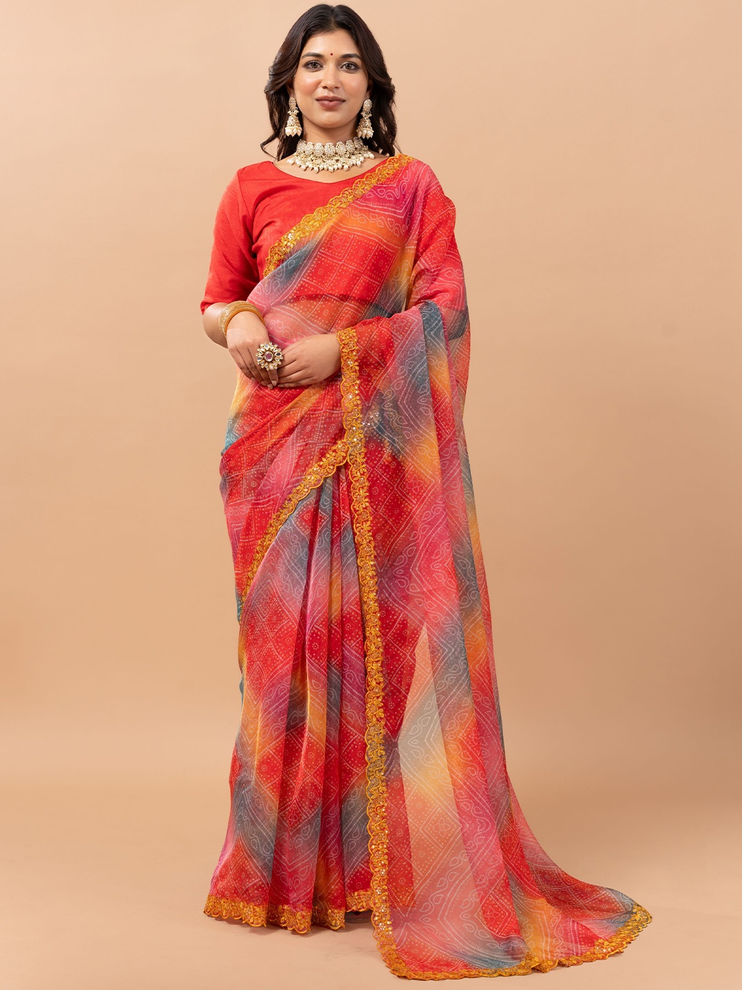 

VIRICA Embroidered Sequinned Organza Bandhani Saree, Red