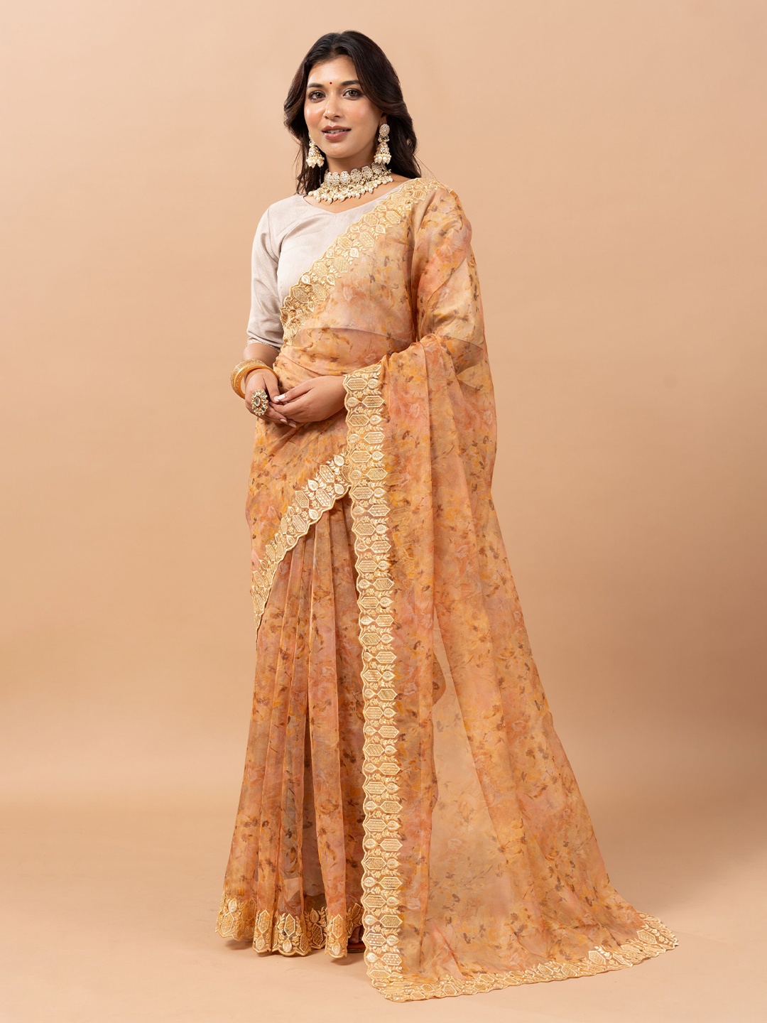 

VIRICA Floral Embroidered Sequinned Organza Saree, Camel brown