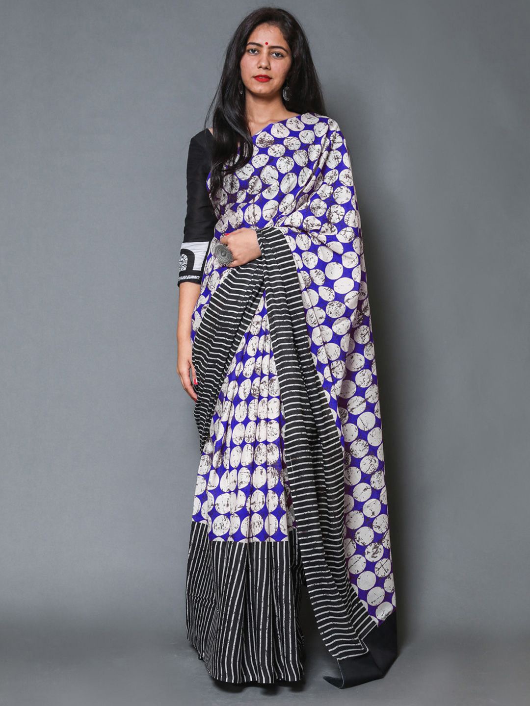 

KALINI Polka Dots Pure Cotton Saree, Navy blue