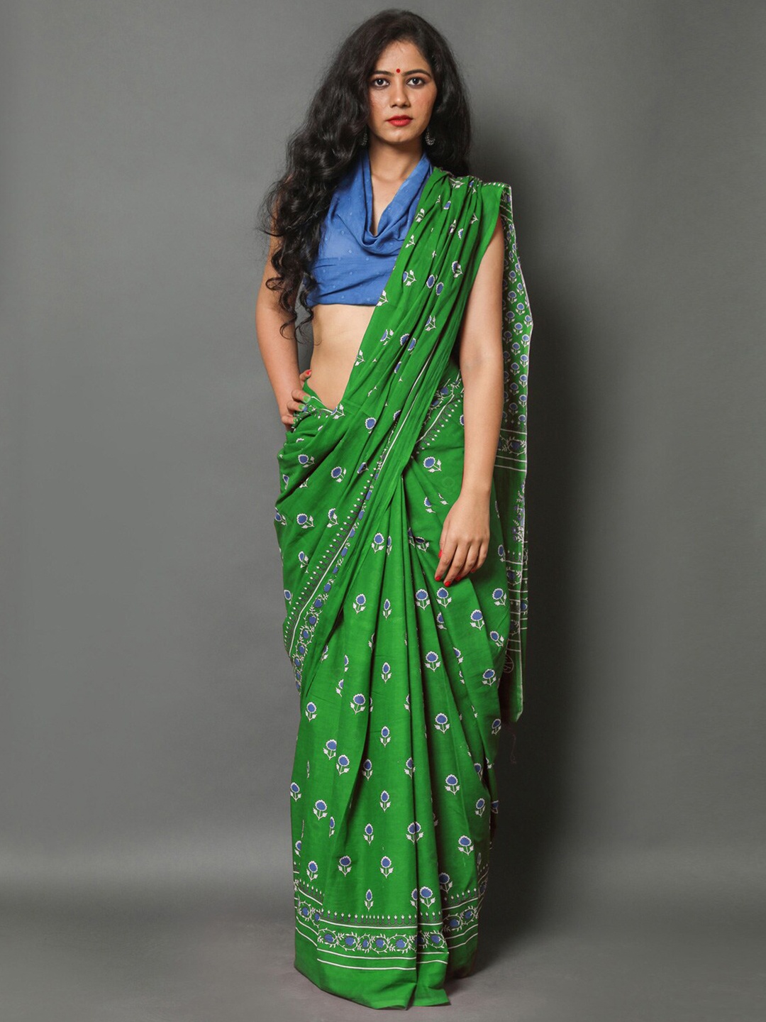 

KALINI Floral Pure Cotton Saree, Green