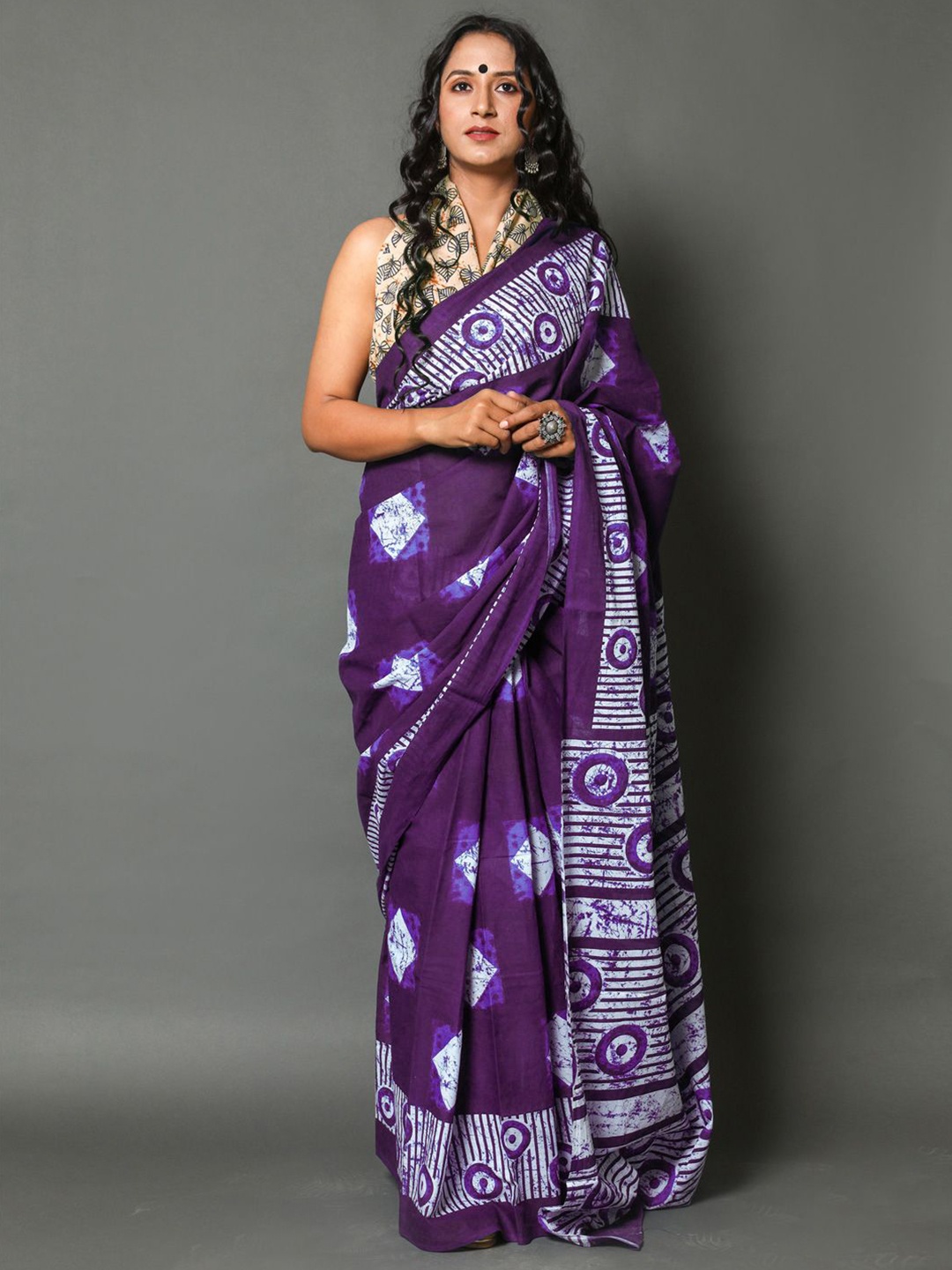 

KALINI Print Pure Cotton Saree, Purple