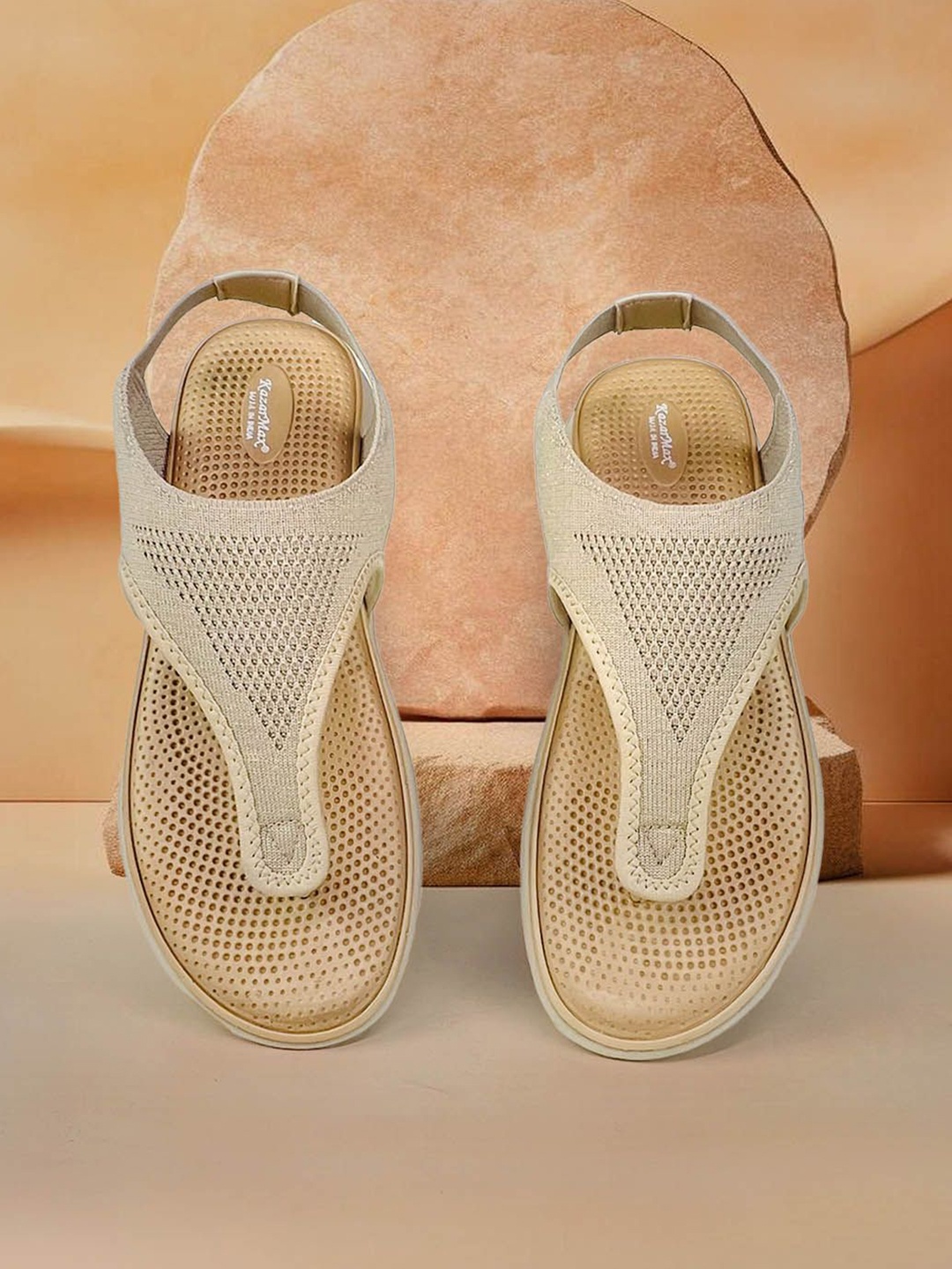 

KazarMax Open Toe Mesh T-Straps Flats, Beige