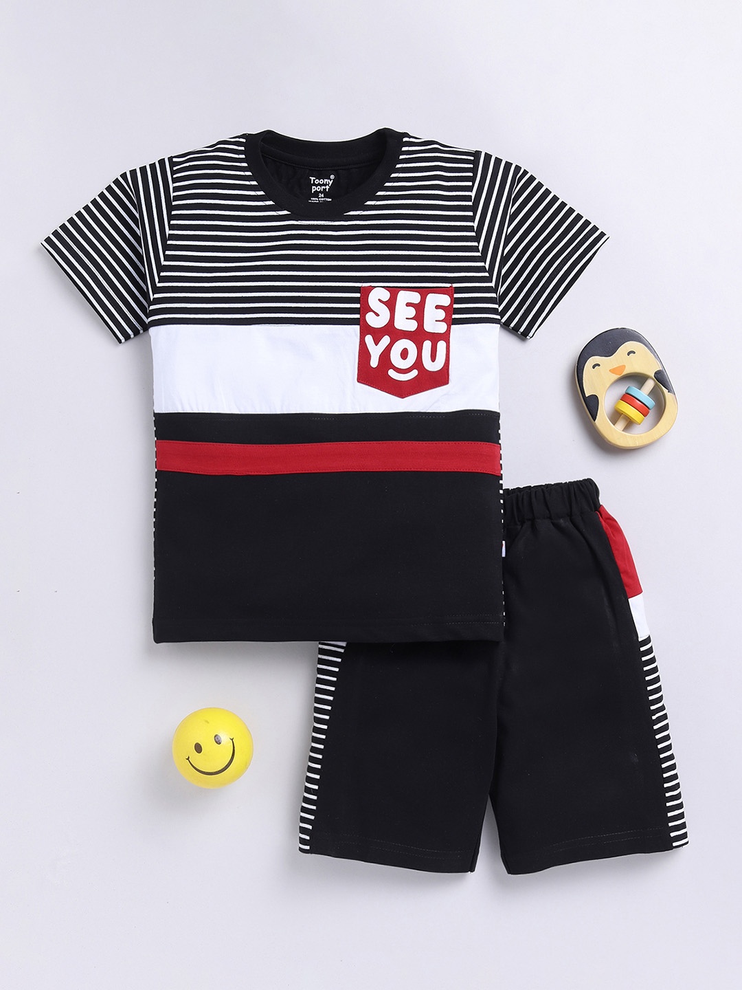 Toonyport Boys Striped Pure Cotton T-shirt with Shorts, Black