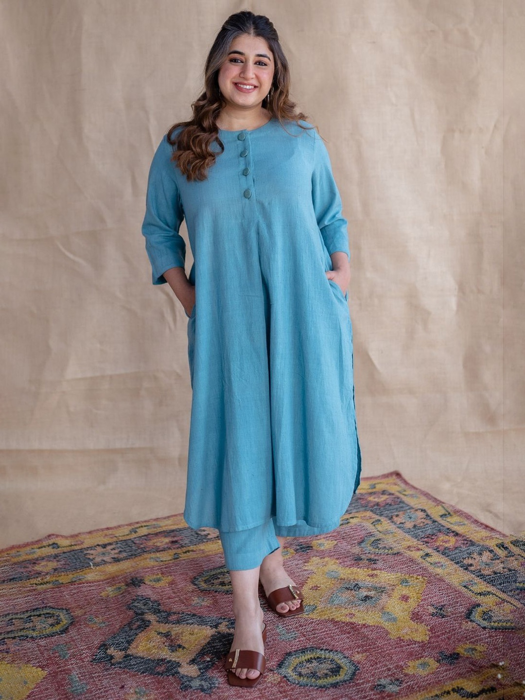 

THE INDIAN ETHNIC CO Round Neck Pure Cotton Tunic With Trousers, Blue