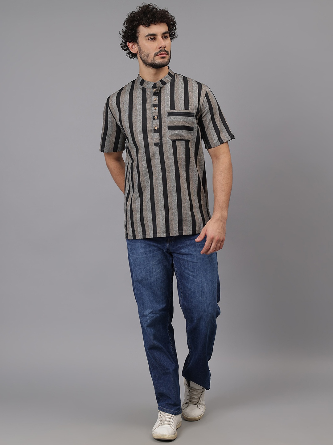 

Cot'N Soft Striped Mandarin Collar Cotton Straight Kurta, Black