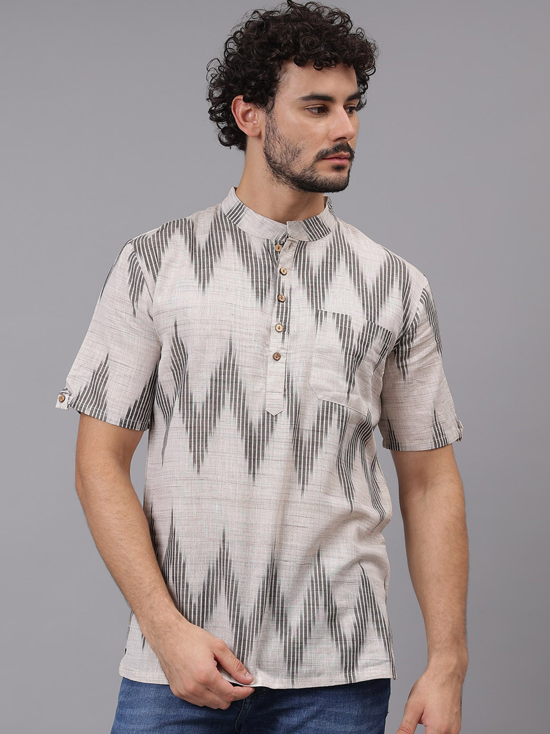 

Cot'N Soft Geometric Printed Mandarin Collar Straight Pure Cotton Kurta, Off white