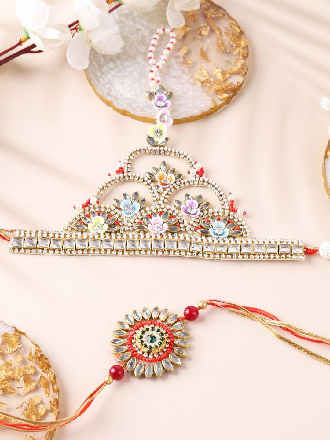 

PANASH Set of 2 Stone-Studded & Beaded Bhaiya Bhabhi Rakhi with Roli Chawal, Gold