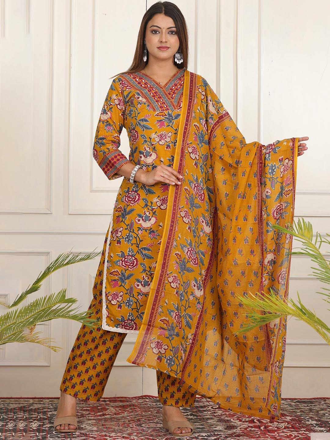 

PARTHVI Floral Printed Regular Mirror Work Straight Kurta With Trousers & Dupatta, Mustard