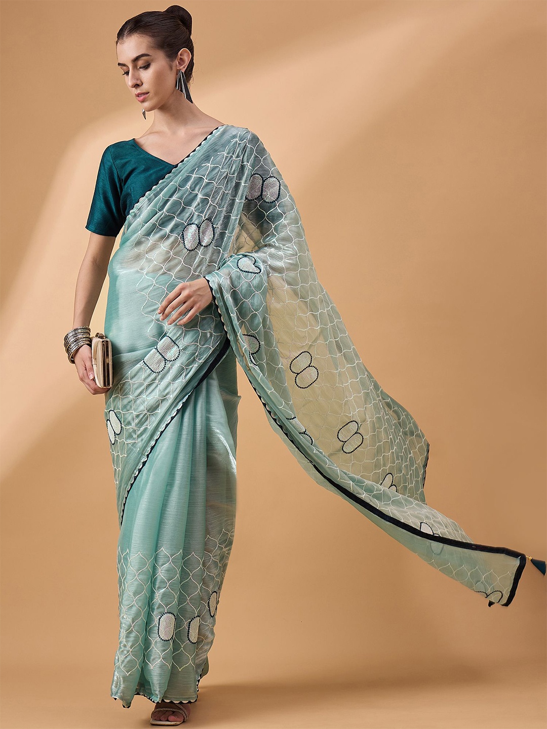 

all about you Geometric Embroidered Organza Saree, Blue