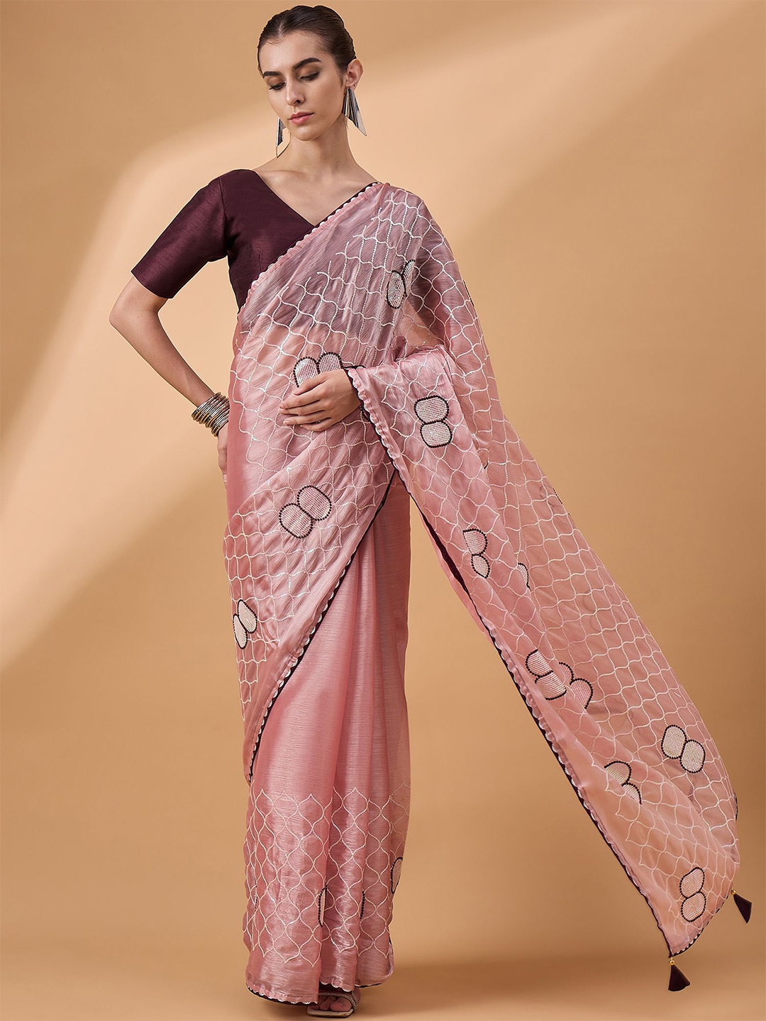 

all about you Geometric Embroidered Organza Saree, Pink