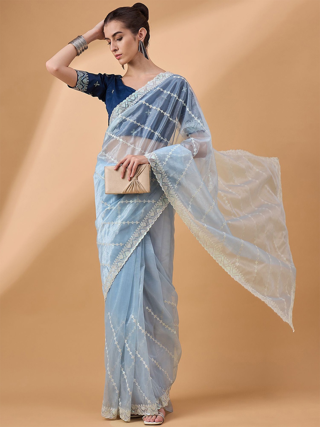

all about you Floral Embroidered Organza Saree, Blue