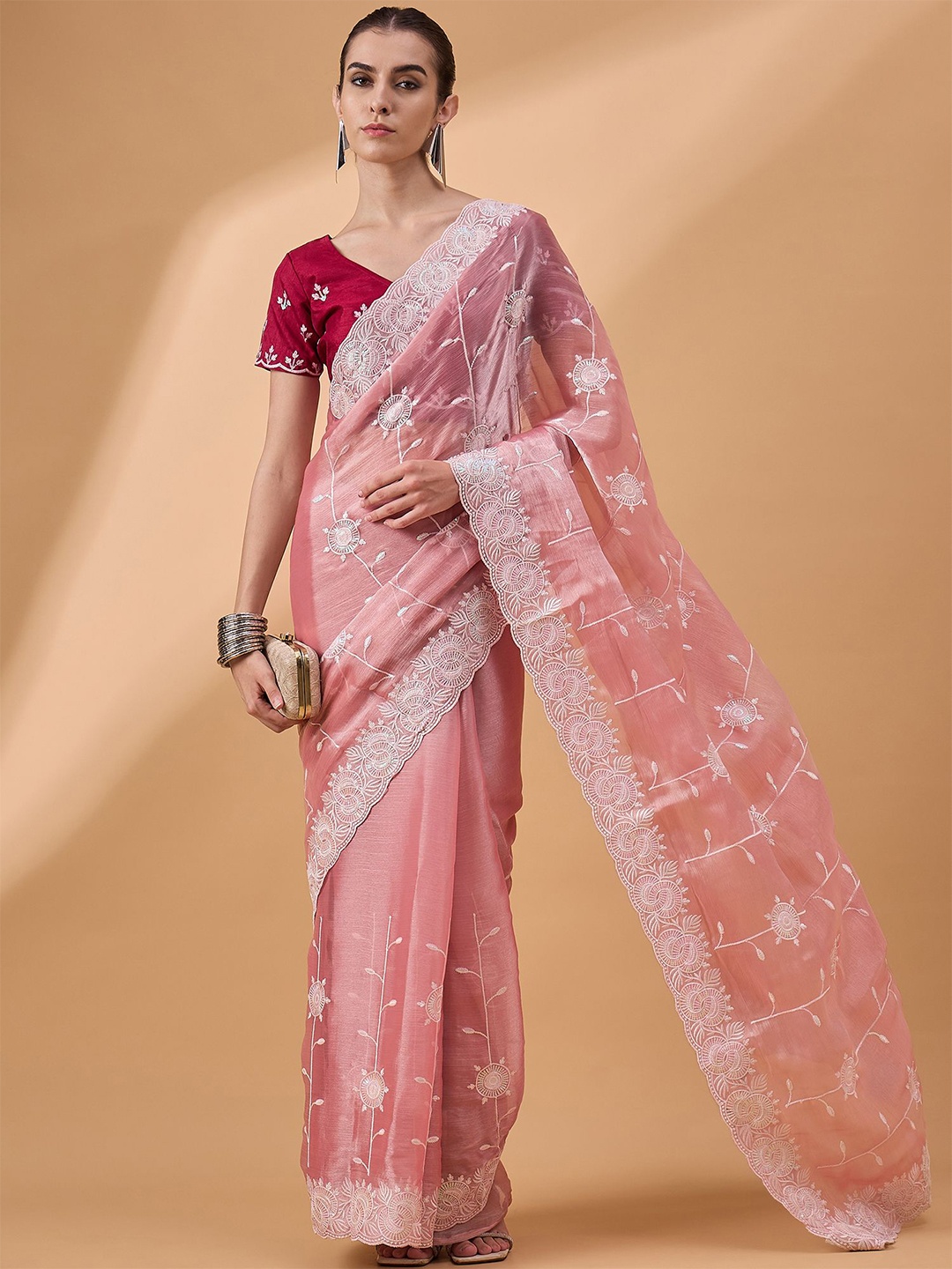 

all about you Ethnic Motifs Embroidered Organza Saree, Peach