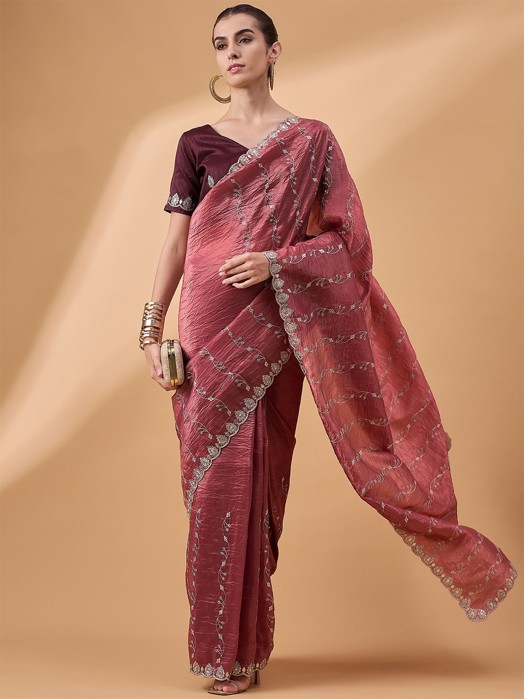 

all about you Embroidered Sequinned Organza Saree, Pink