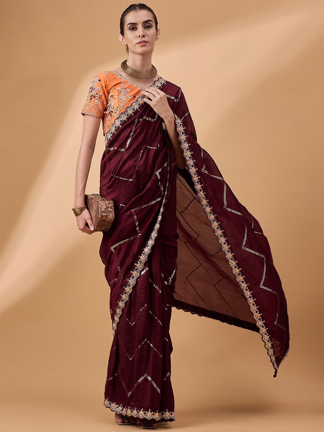 

all about you Embellished Sequinned Saree, Brown