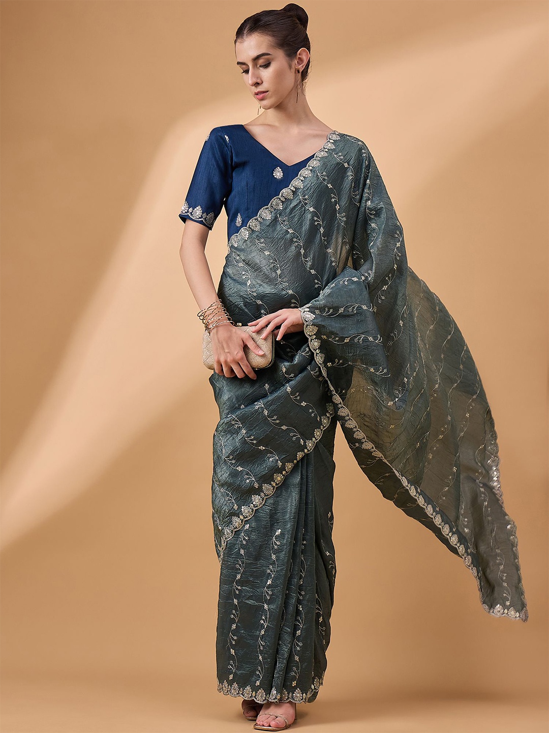 

all about you Embroidered Sequence Organza Saree, Teal