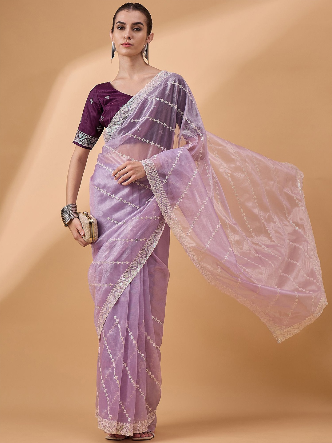 

all about you Embellished Embroidered Organza Saree, Purple