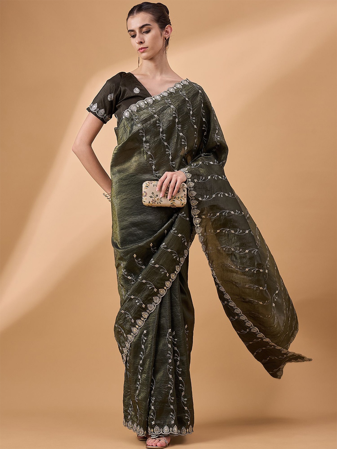 

all about you Floral Embroidered Organza Saree, Green
