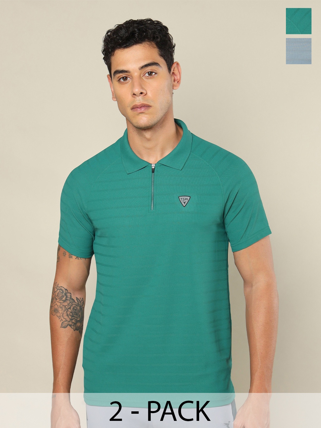 

Technosport Pack of 2 Men Self Design Matpiq Regular Fit Polo Tshirt, Teal