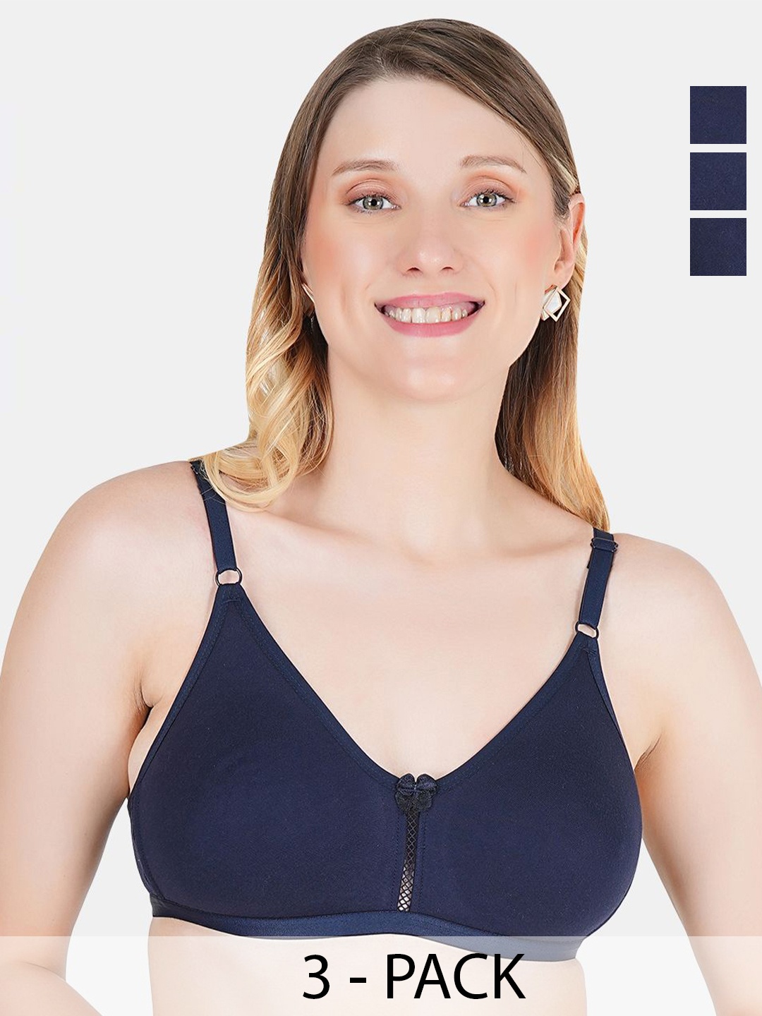 

Tweens Pack of 3 Full Coverage Non Padded Cotton T-shirt Bras With All Day Comfort, Navy blue