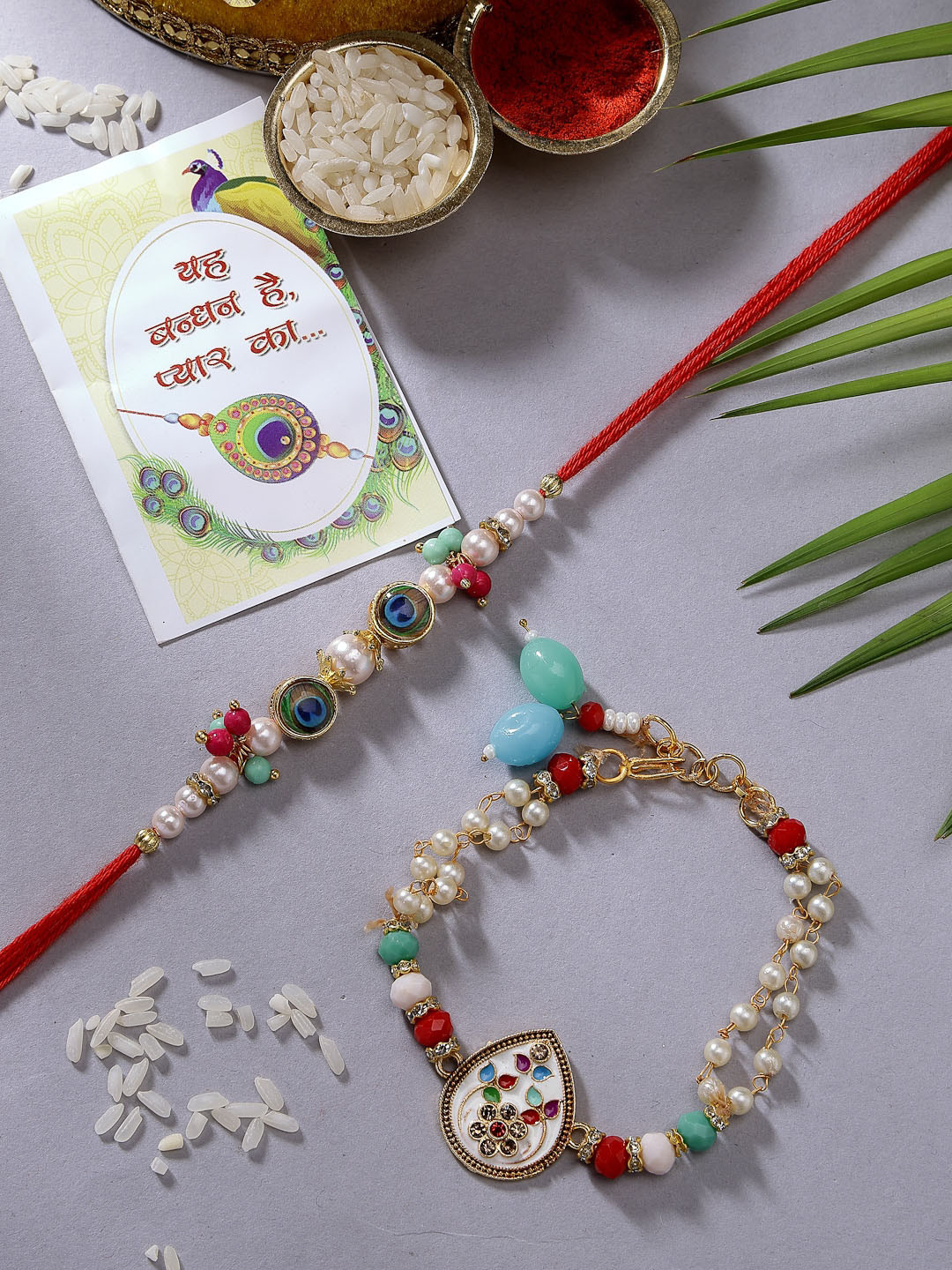 

NVR Beaded Bhaiya Bhabhi Rakhi With Roli Chawal & Chocolate, Red
