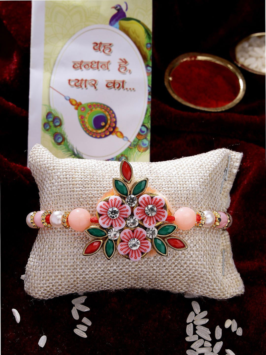 

NVR Stone-Studded & Beaded Rakhi with Roli Chawal & Chocolate, Pink