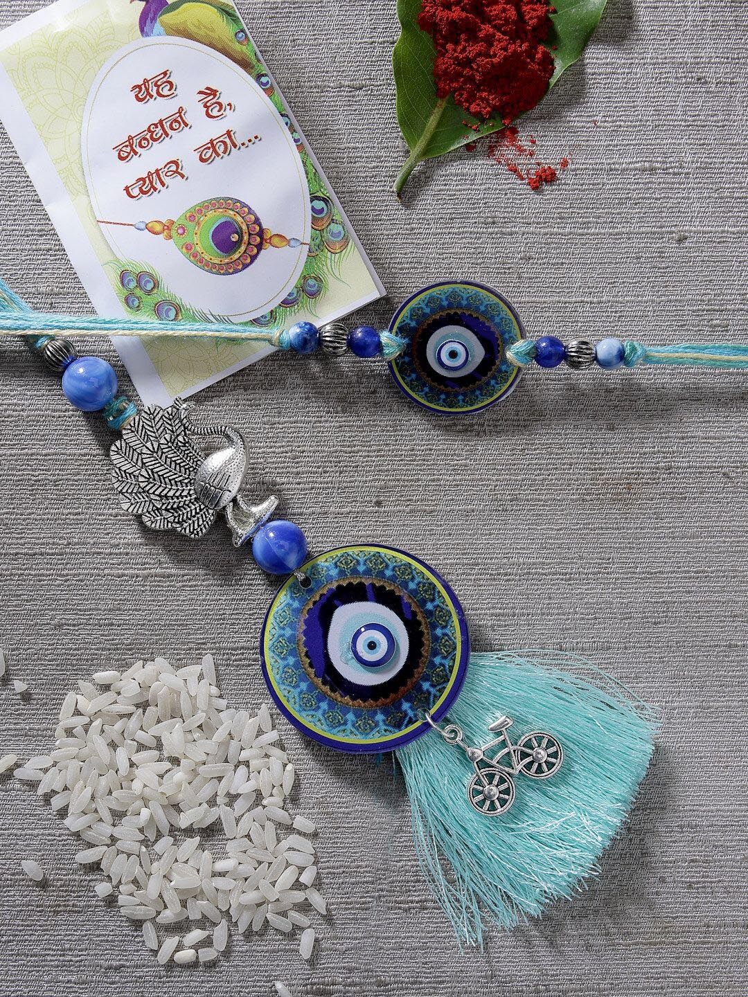 

NVR Evil Eye & Beaded Bhaiya Bhabi Rakhi with Roli Chawal & Chocolate, Silver