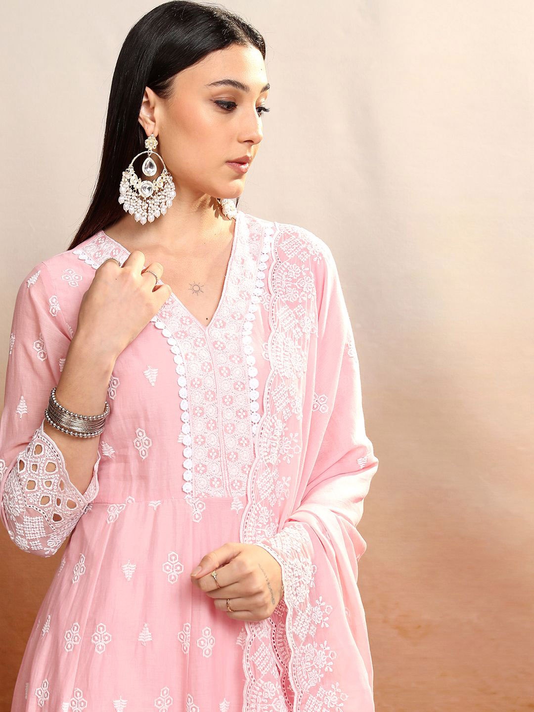 

Vishudh Pink Floral Embroidered V-Neck Pure Cotton Anarkali Kurta with Trousers & Dupatta