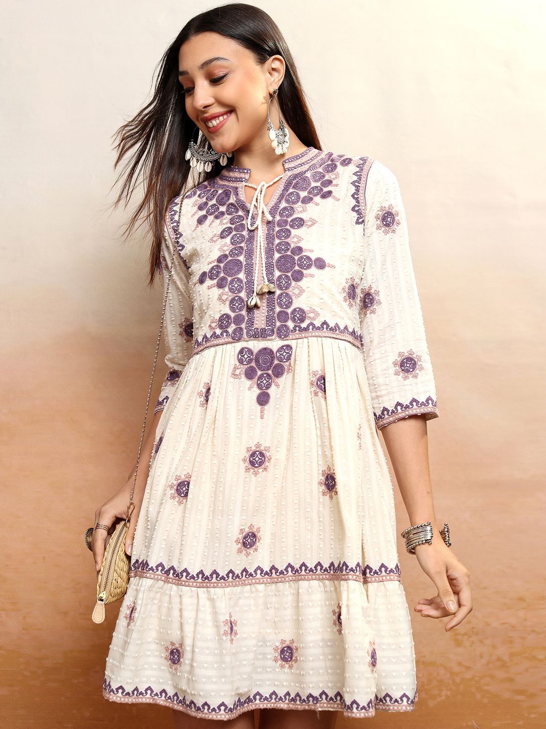 

Vishudh Floral Print Embroidered Fit & Flare Dress, Cream