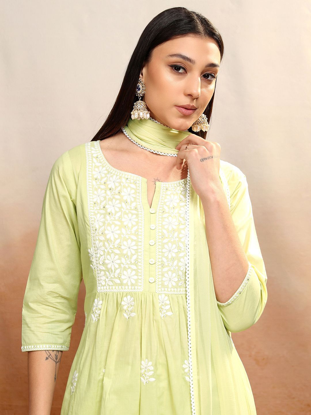 

Vishudh Green Floral Embroidered Pure Cotton Straight Kurta with Trousers & Dupatta