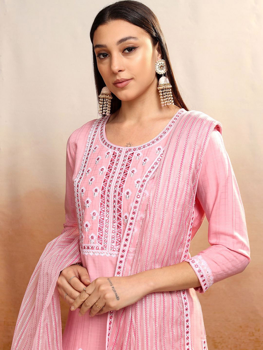 

Vishudh Pink Floral Embroidered Straight Kurta with Trousers & Dupatta