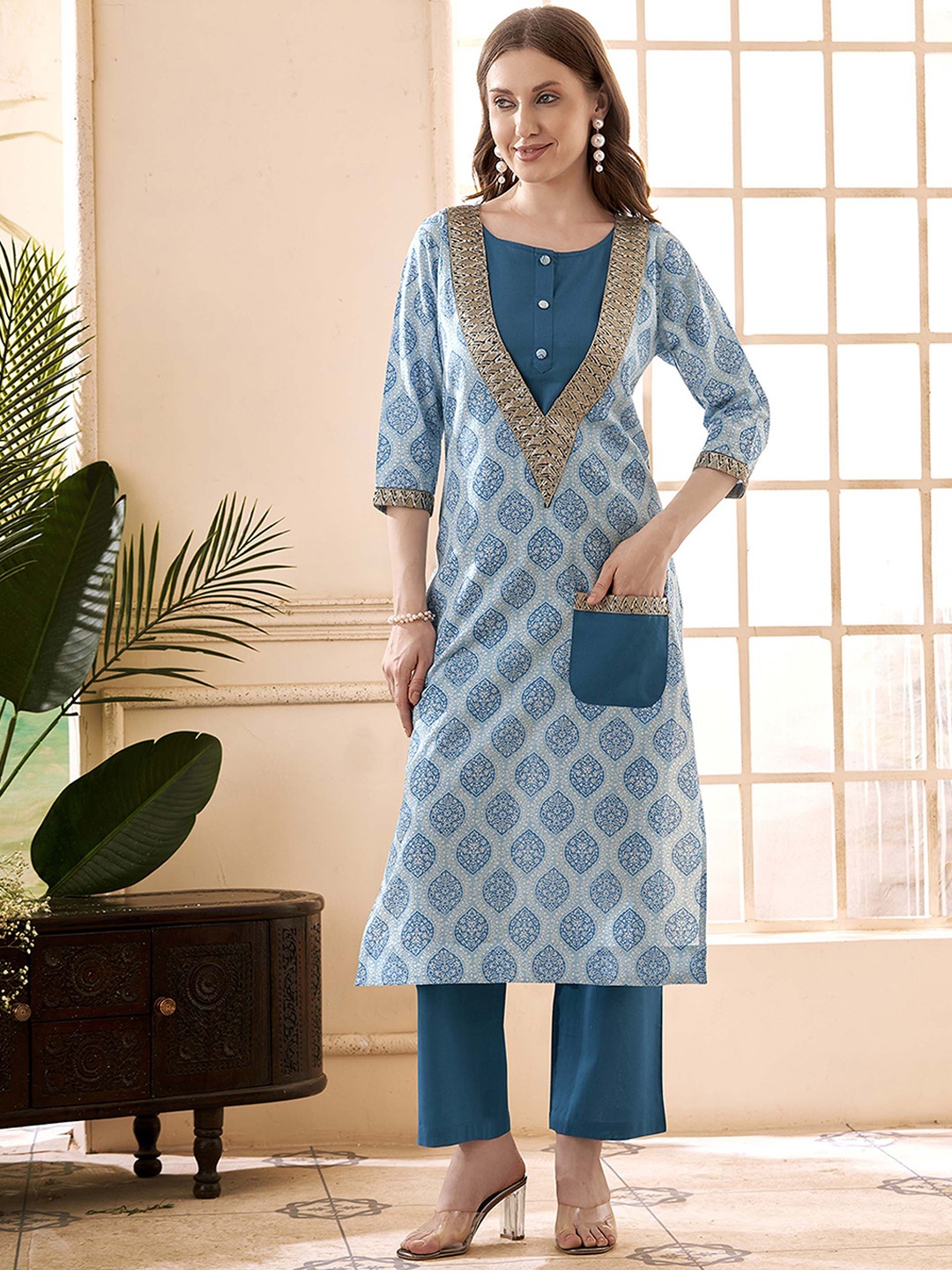 

Anouk Blue Ethnic Motifs Printed Pure Cotton Gotta Patti Kurta With Trousers