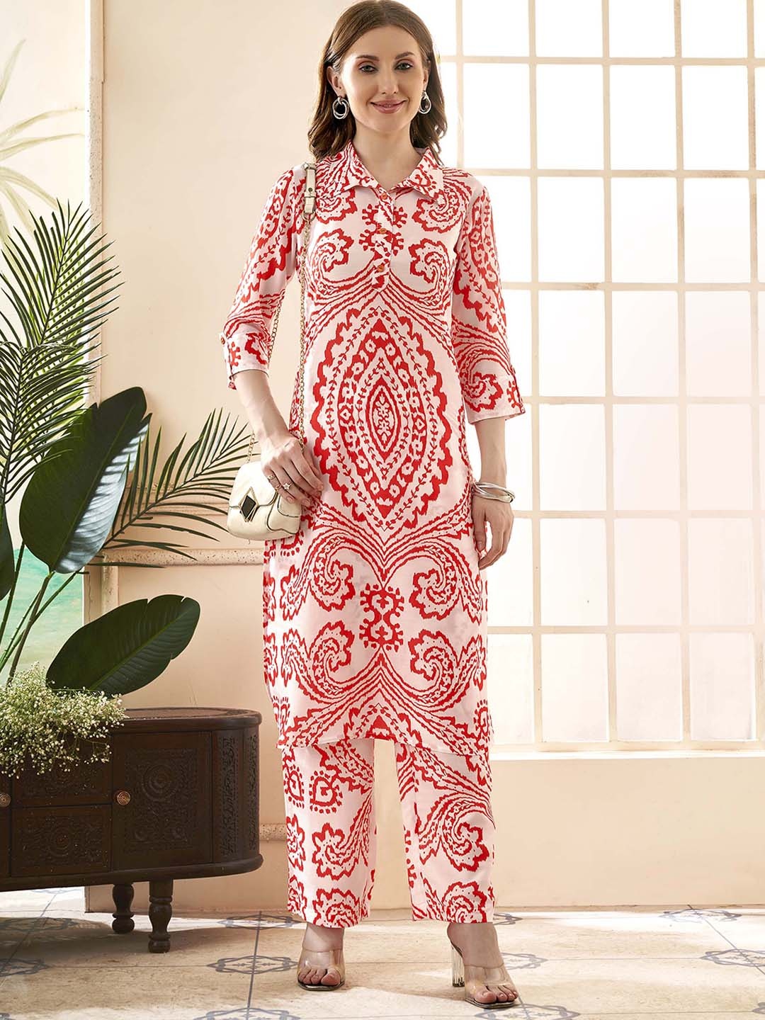 

Anouk White & Red Ethinic Motifs Printed Shirt Collar Tunic With trousers