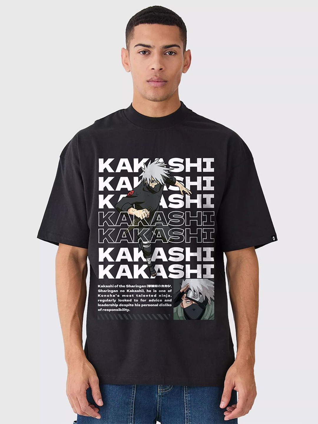 

PRONK Men Typography Kakashi Printed Round Neck T-shirt, Black