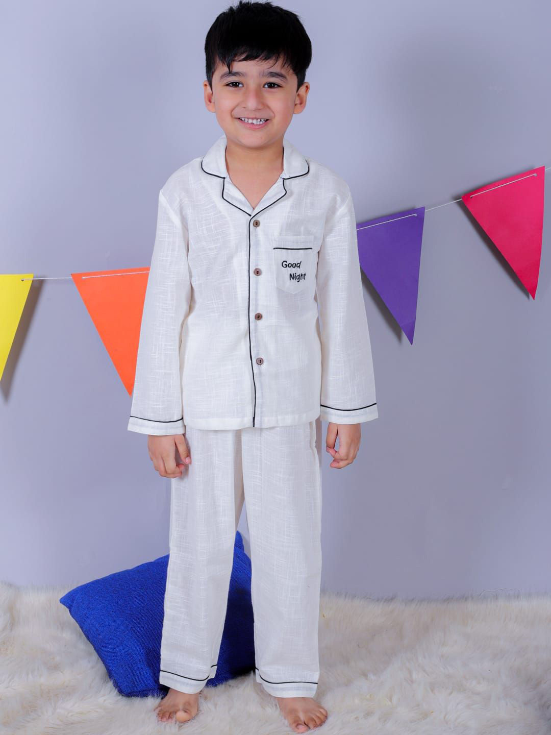 

UNBIND Boys Lapel Collar Embroidered Detail Pure Cotton Shirt With Pyjamas, White