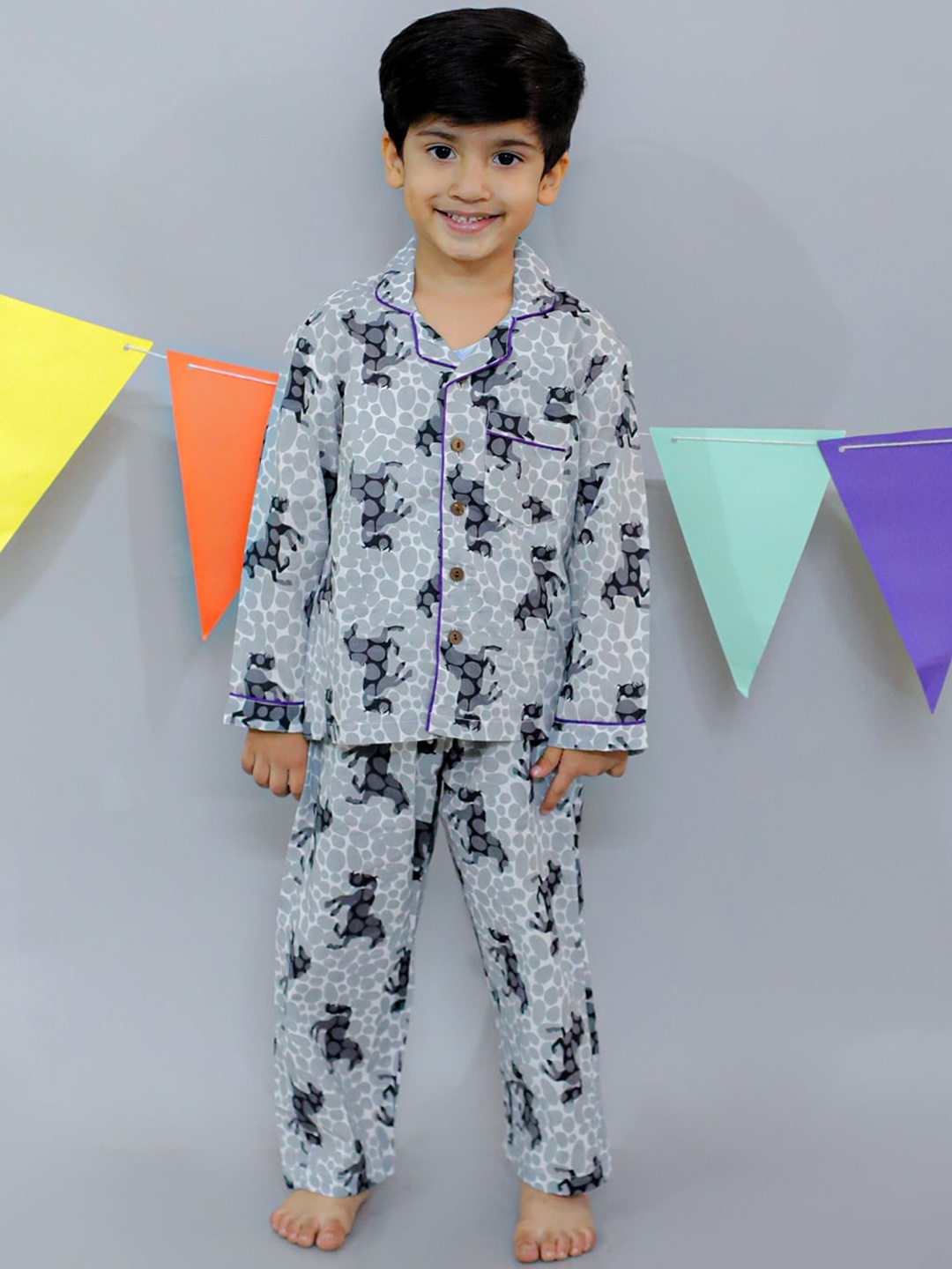 

UNBIND Boys Printed Lapel Collar Pure Cotton Shirt With Pyjamas, Grey